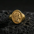 Load image into Gallery viewer, Gold plated Jesus portrait ring on volcanic stone, Christian faith signet ring gift
