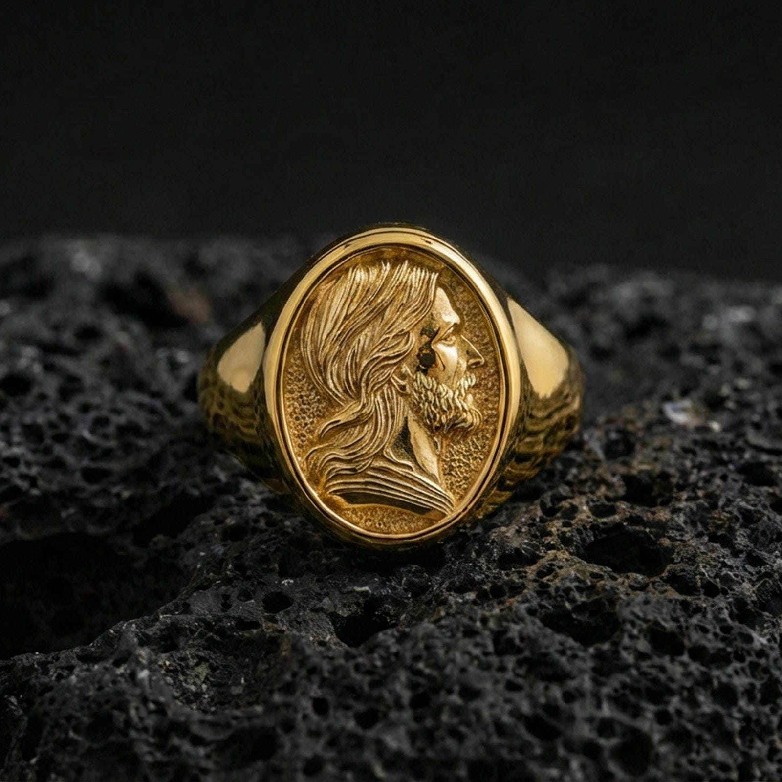 Gold plated Jesus portrait ring on volcanic stone, Christian faith signet ring gift