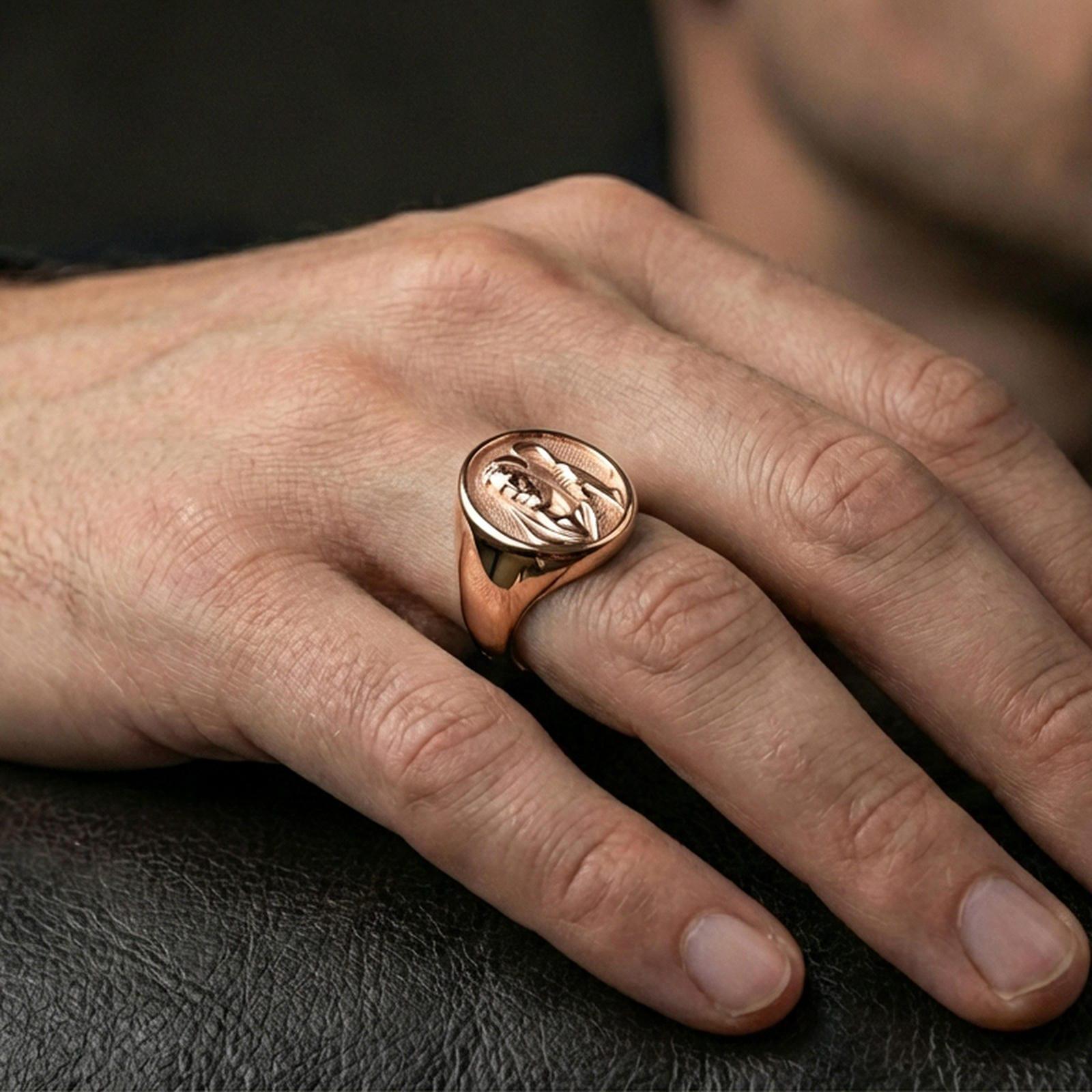 Rose gold plated Jesus Shepherd signet ring worn on finger, Christ shepherd portrait relief, devotional jewelry