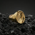 Load image into Gallery viewer, Gold plated Jesus Shepherd signet ring on dark volcanic rock, Christ portrait relief, faith jewelry
