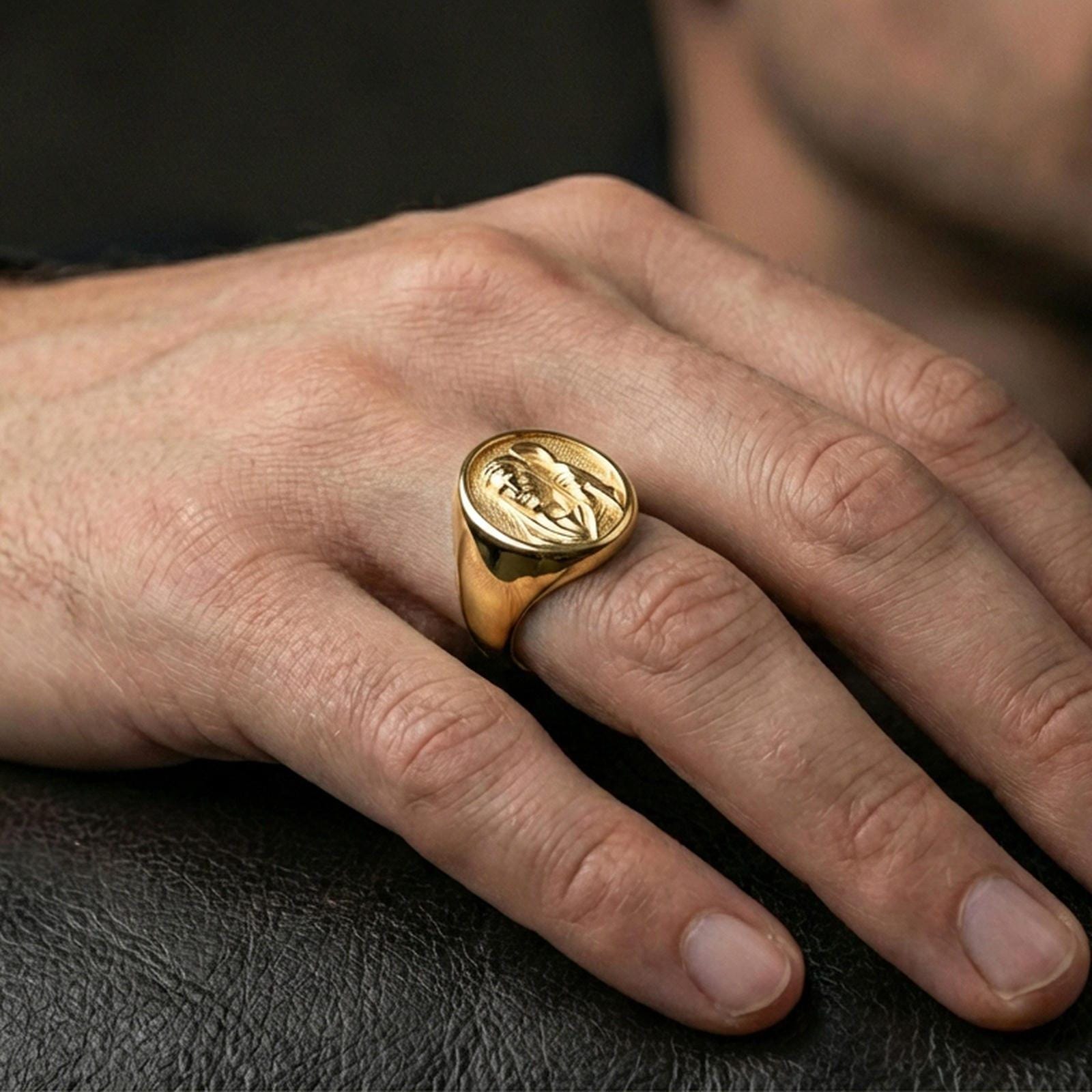 Gold plated Jesus Shepherd ring worn on finger, Christian faith signet ring, meaningful religious jewelry