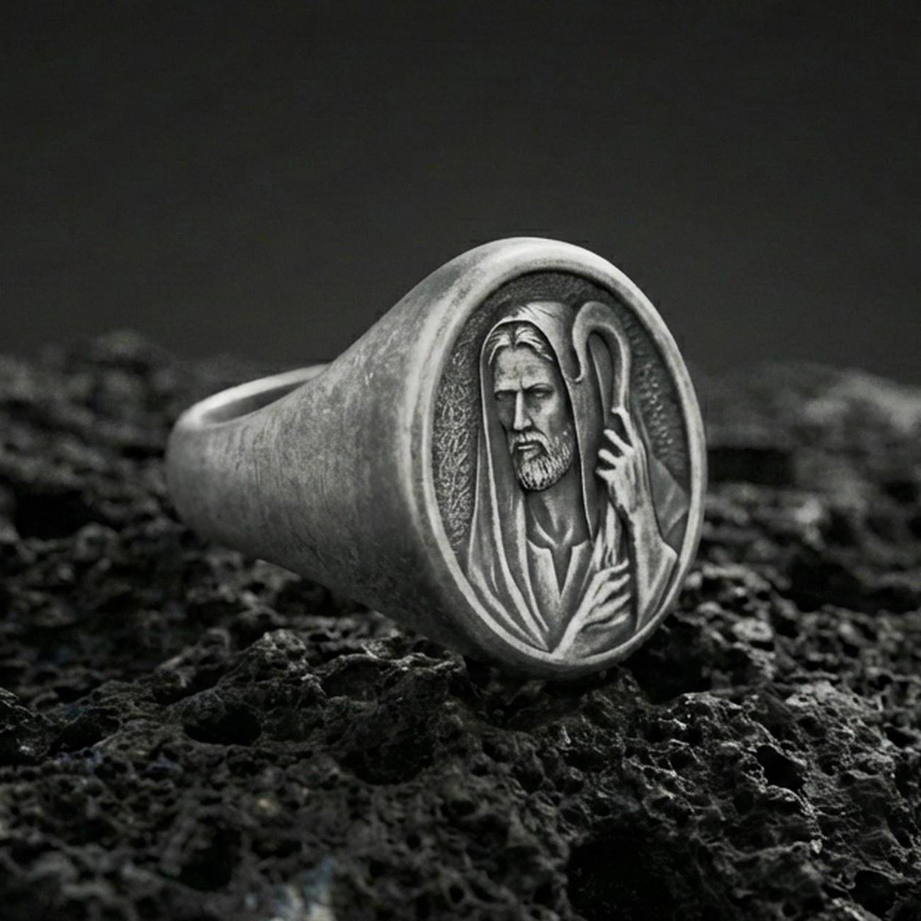 Oxidized 925 sterling silver Jesus Shepherd signet ring on volcanic rock, sacred portrait relief, Christian jewelry