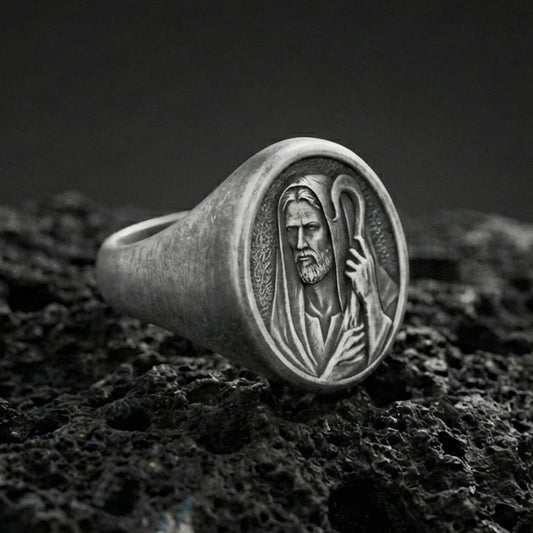 Oxidized 925 sterling silver Jesus Shepherd signet ring on volcanic rock, sacred portrait relief, Christian jewelry