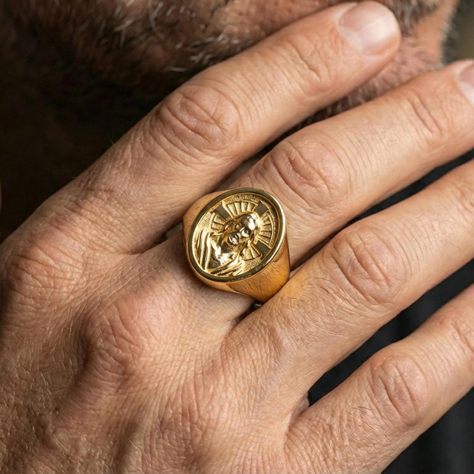 Gold plated Jesus Christ signet ring worn on finger, sacred portrait relief, religious statement jewelry