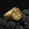 Load image into Gallery viewer, Gold plated Saint Benedict signet ring on dark volcanic rock, holy protector icon relief, Catholic accessory
