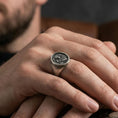 Load image into Gallery viewer, Oxidized 925 sterling silver Saint John the Baptist signet ring worn on finger, religious portrait relief, Catholic jewelry
