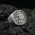 Load image into Gallery viewer, Polished silver Lord Ganesha ring on porous volcanic stone, Indian style engraving, spiritual statement jewelry

