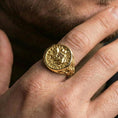 Load image into Gallery viewer, Gold plated Knights Templar signet ring worn on finger, crusader emblem ring, Sigillum Militum Xpisti symbol
