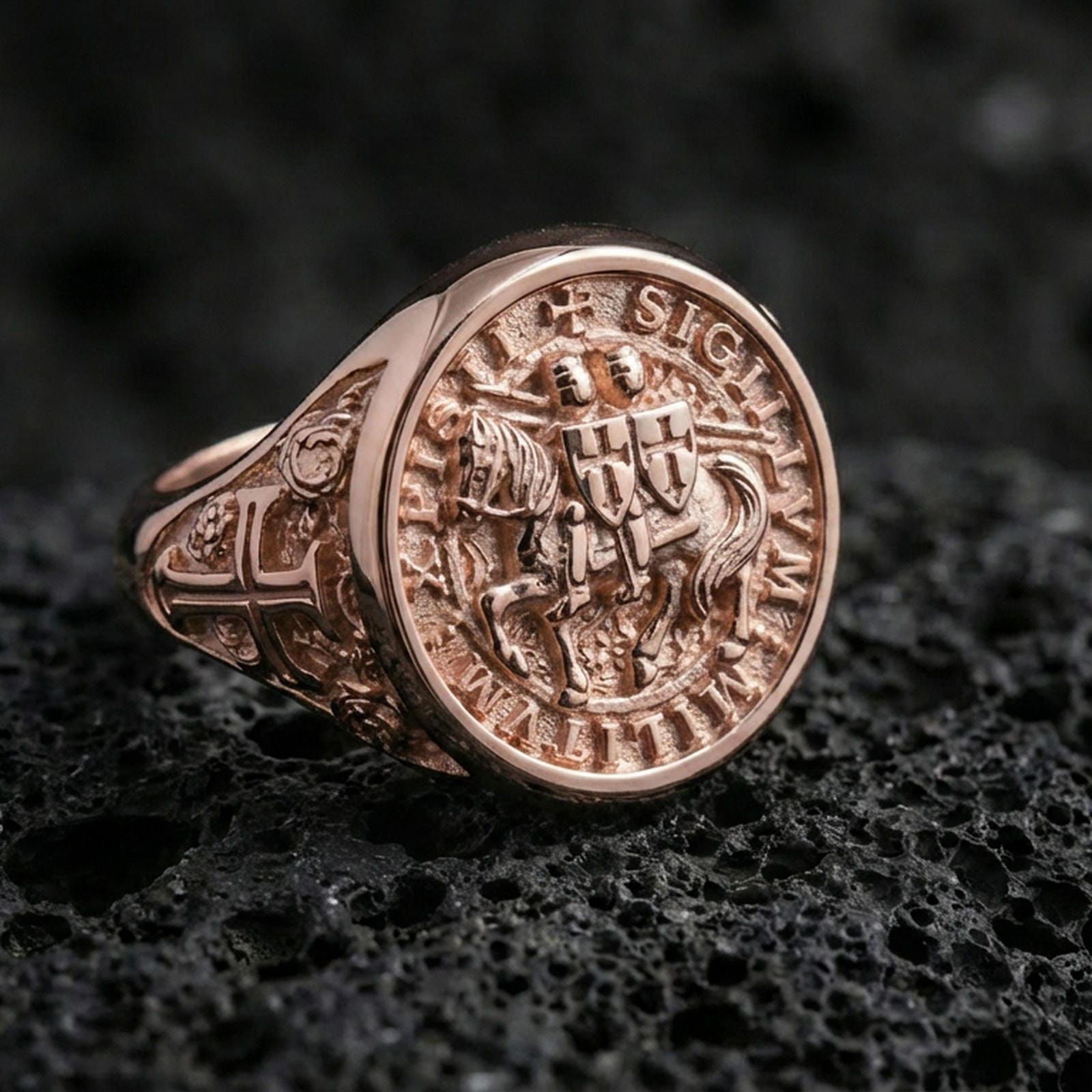 Rose gold plated Knights Templar ring on volcanic stone, Templar seal engraving, historical crusader symbol ring