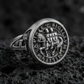 Load image into Gallery viewer, Oxidized 925 sterling silver Knights Templar signet ring on volcanic rock, Sigillum Militum Xpisti seal relief
