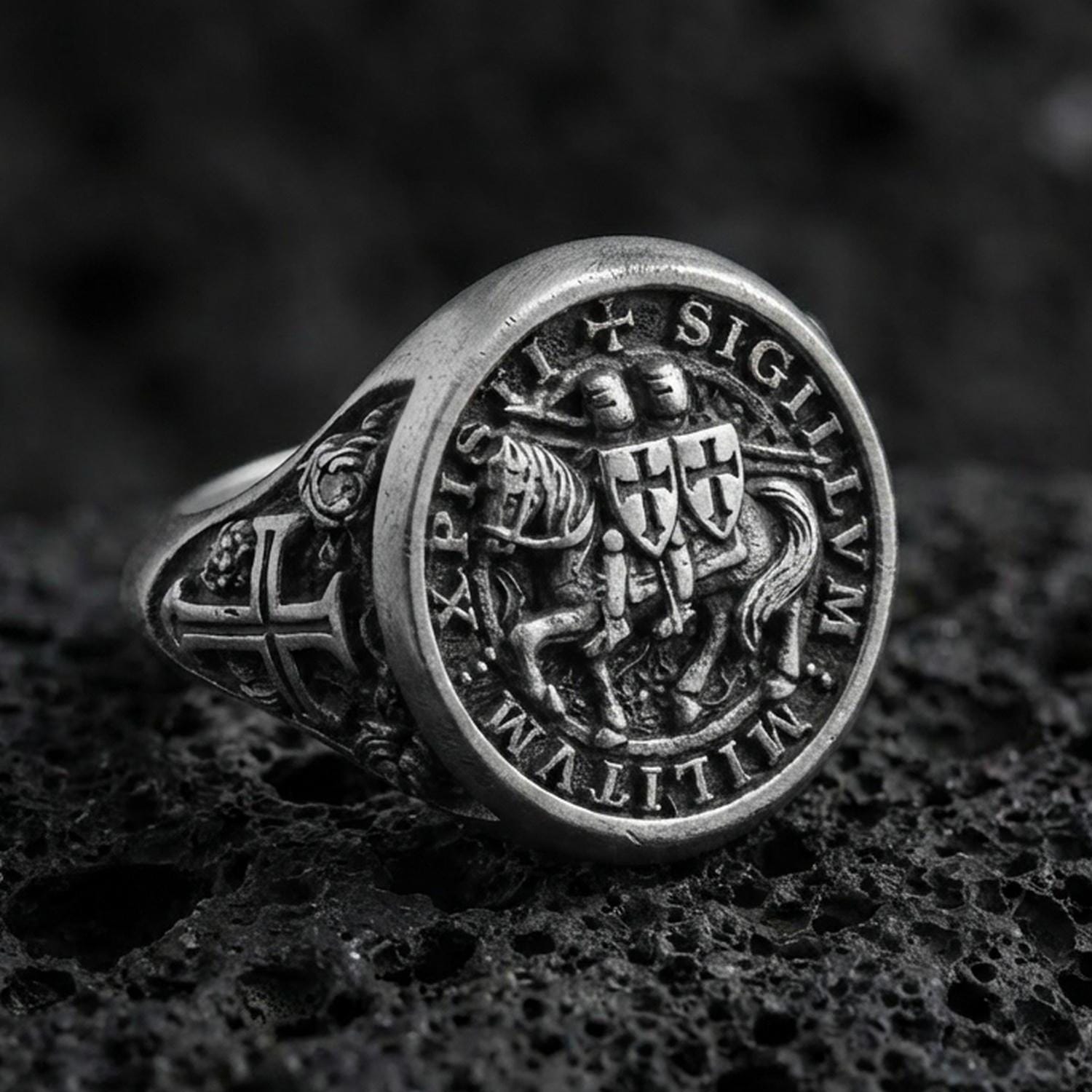 Oxidized 925 sterling silver Knights Templar signet ring on volcanic rock, Sigillum Militum Xpisti seal relief