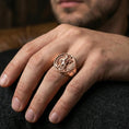 Load image into Gallery viewer, Rose gold plated St. George dragon signet ring worn on finger, saint warrior seal, gothic medieval statement ring
