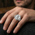Load image into Gallery viewer, Polished silver St. George dragon ring worn on finger, saint warrior seal signet, medieval heritage style
