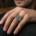 Load image into Gallery viewer, Oxidized 925 sterling silver St. George and the Dragon ring worn on finger, medieval knight signet, bold statement jewelry
