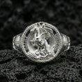 Load image into Gallery viewer, Polished silver St. George dragon signet ring on porous volcanic stone, Saint George emblem, medieval warrior style
