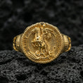 Load image into Gallery viewer, Gold plated St. George and dragon ring on dark volcanic rock, saint warrior medallion signet, gothic medieval jewelry
