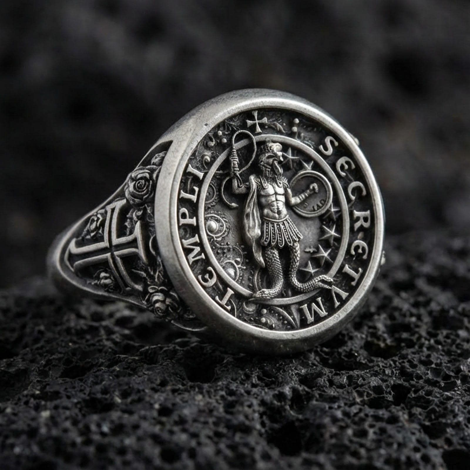 Oxidized 925 sterling silver Knights Templar Secretum Templi ring on volcanic rock, medieval sigil seal signet