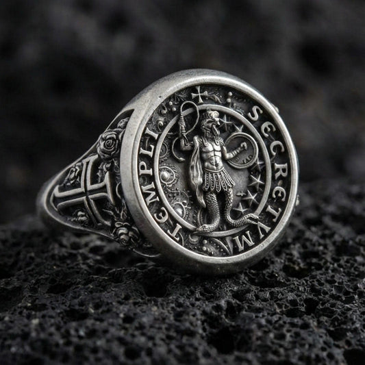 Oxidized 925 sterling silver Knights Templar Secretum Templi ring on volcanic rock, medieval sigil seal signet