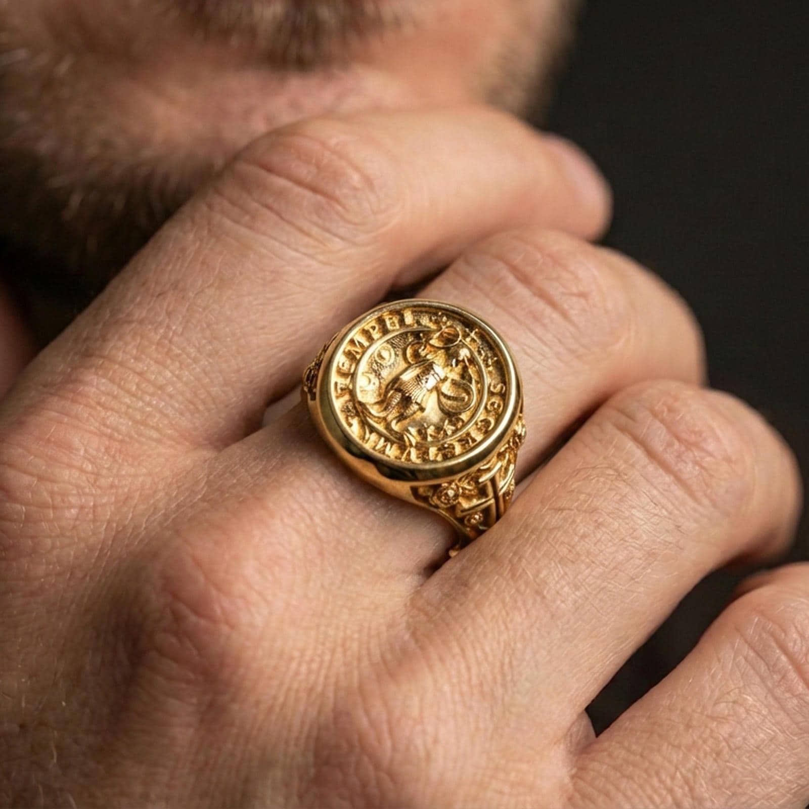 Gold plated Knights Templar Secretum Templi ring worn on finger, crusader seal signet, medieval heritage jewelry
