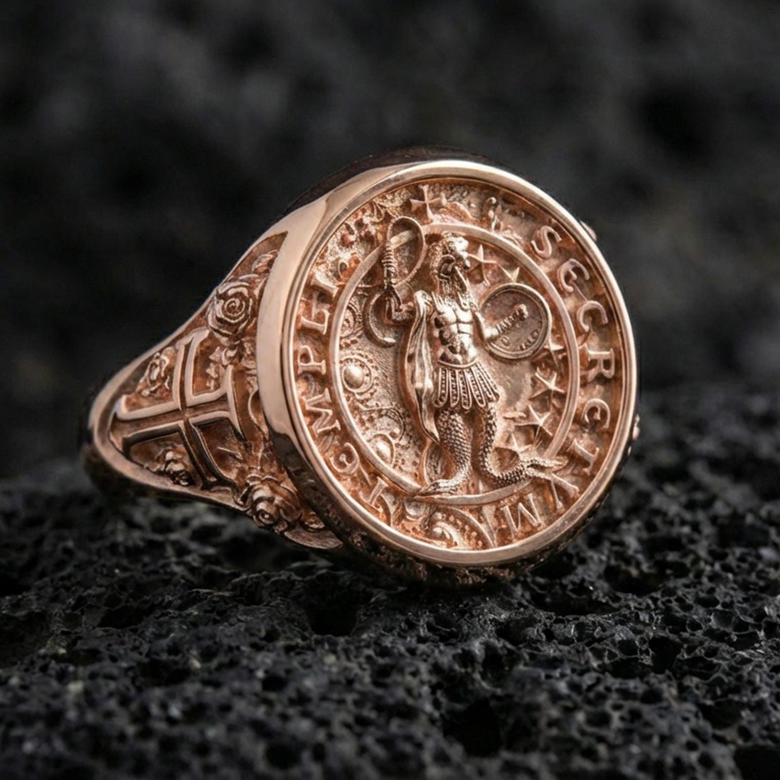 Rose gold plated Secretum Templi Templar ring on volcanic stone, medieval sigil seal ring, gothic crusader style