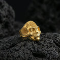Load image into Gallery viewer, Gold plated sterling silver skull mandala ring on dark volcanic rock, spiritual mandala motif, statement ring
