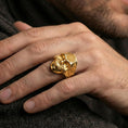 Load image into Gallery viewer, Gold plated skull mandala ring worn on finger, spiritual mandala motif, gothic statement jewelry for men
