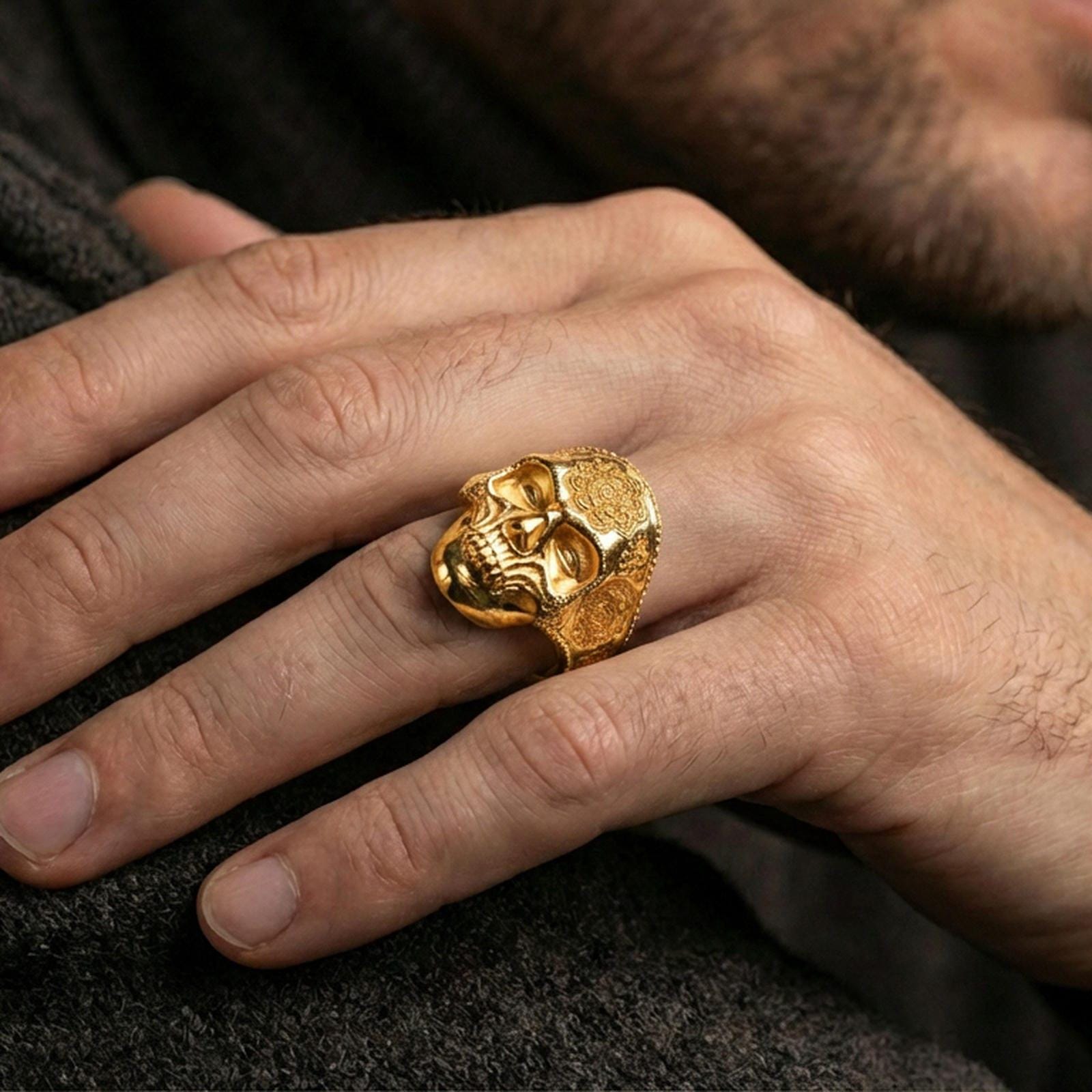 Gold plated skull mandala ring worn on finger, spiritual mandala motif, gothic statement jewelry for men