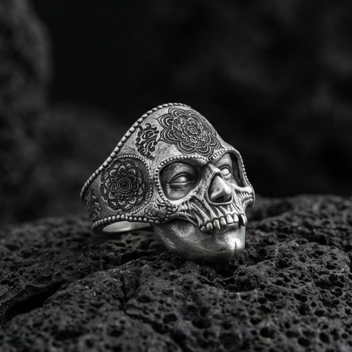 Oxidized 925 sterling silver skull mandala ring on volcanic rock, gothic memento mori statement jewelry