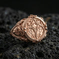 Load image into Gallery viewer, Rose gold plated cathedral window signet ring on volcanic stone, ornate gothic arch design, vintage inspired ring
