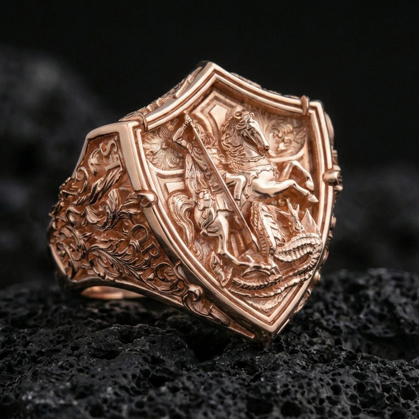 Rose gold plated Saint George defeating dragon shield ring on volcanic stone, ornate medieval filigree, bold statement jewelry