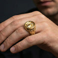 Load image into Gallery viewer, Gold plated St Michael archangel ring worn on finger, angel protector motif, premium religious accessory

