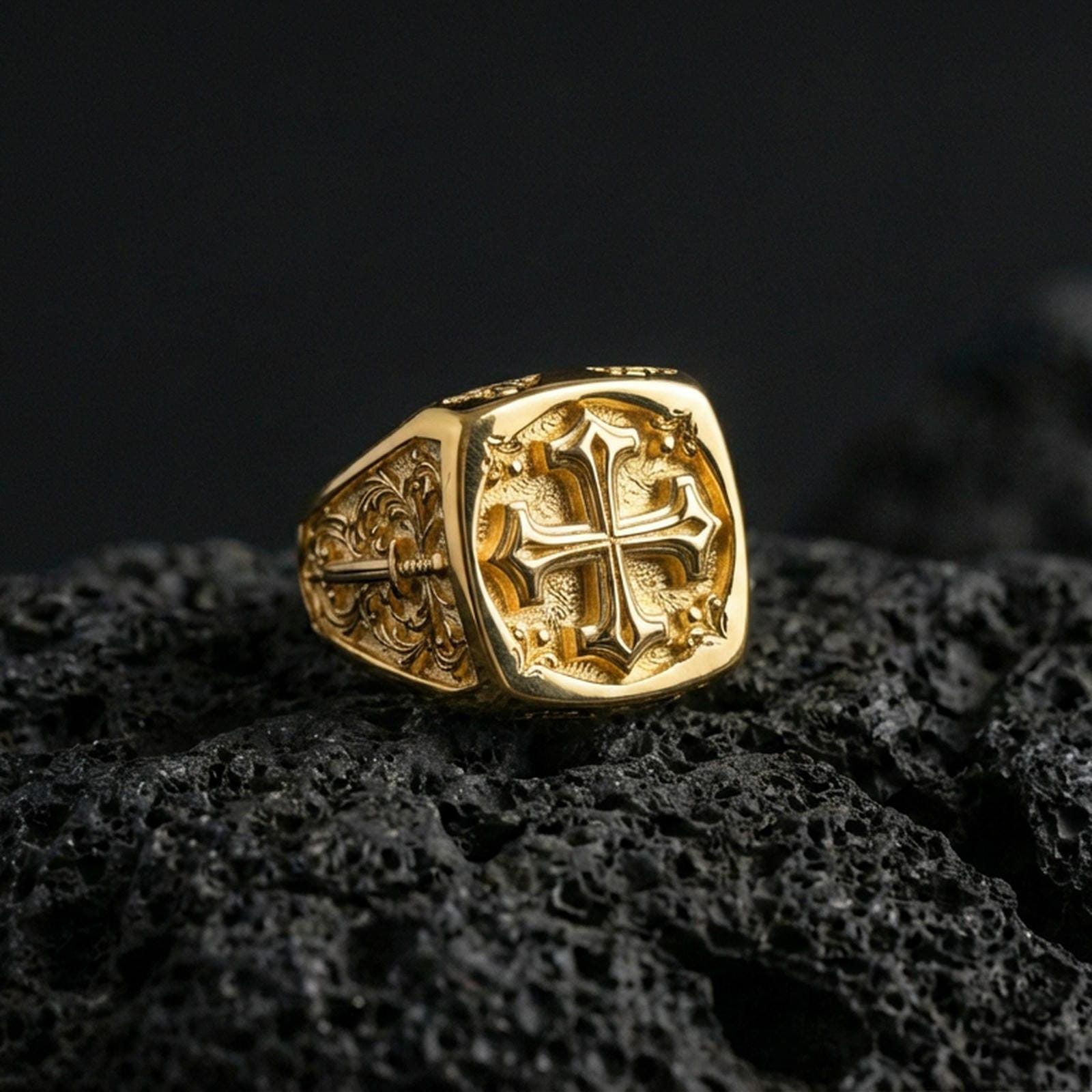 Gold plated sterling silver crusader cross signet ring on dark volcanic rock, medieval faith cross design, statement jewelry