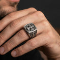 Load image into Gallery viewer, Oxidized 925 sterling silver crusader cross signet ring worn on finger, medieval Christian cross symbol, bold statement ring
