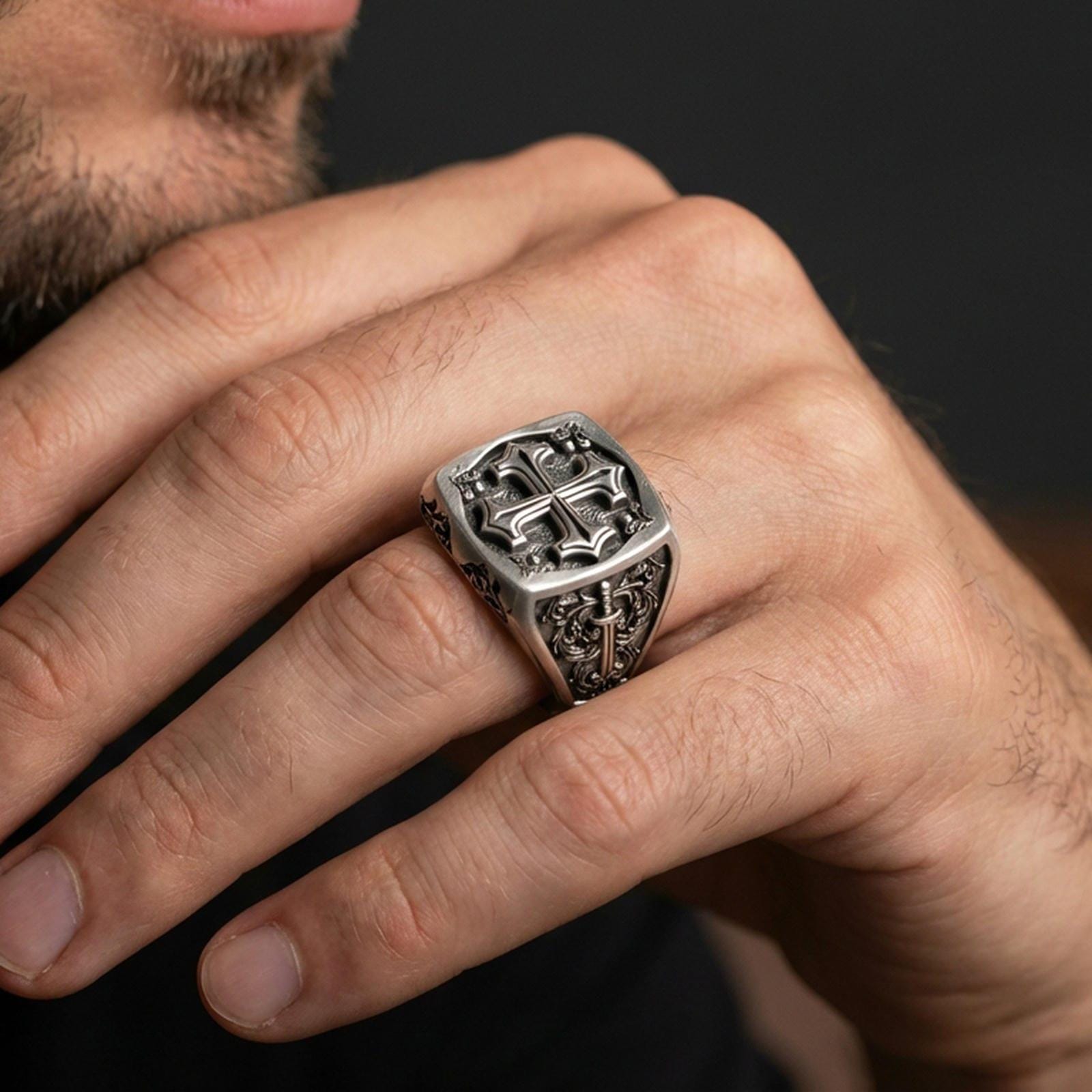 Oxidized 925 sterling silver crusader cross signet ring worn on finger, medieval Christian cross symbol, bold statement ring