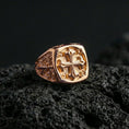 Load image into Gallery viewer, Rose gold plated crusader cross ring on volcanic stone, Christian symbol signet, detailed relief and carved band
