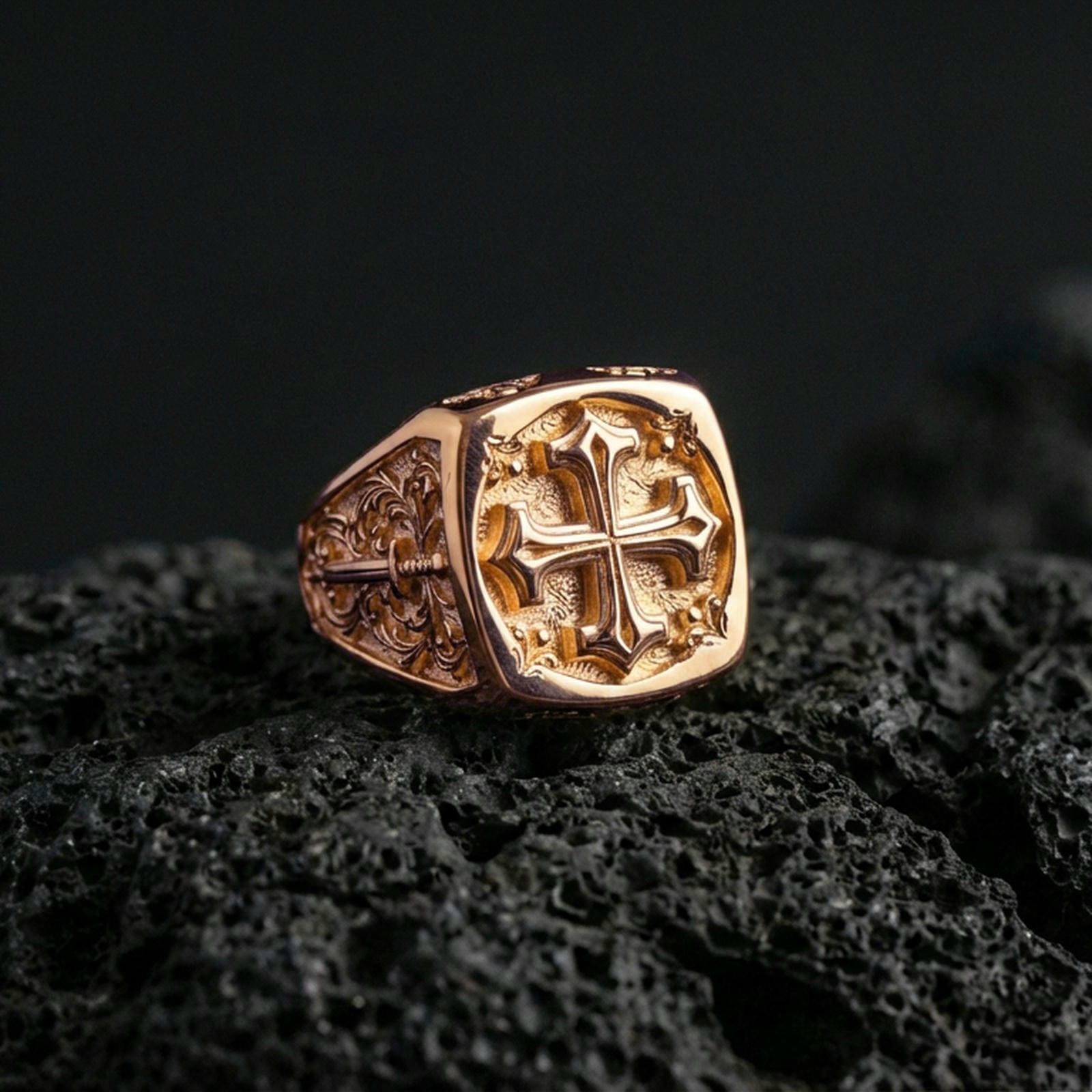 Rose gold plated crusader cross ring on volcanic stone, Christian symbol signet, detailed relief and carved band