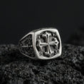 Load image into Gallery viewer, Oxidized 925 sterling silver crusader cross signet ring on volcanic rock, medieval Christian cross relief, ornate band
