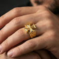 Load image into Gallery viewer, Gold plated iron cross signet ring worn on finger, raised cross centerpiece, bold fashion statement jewelry
