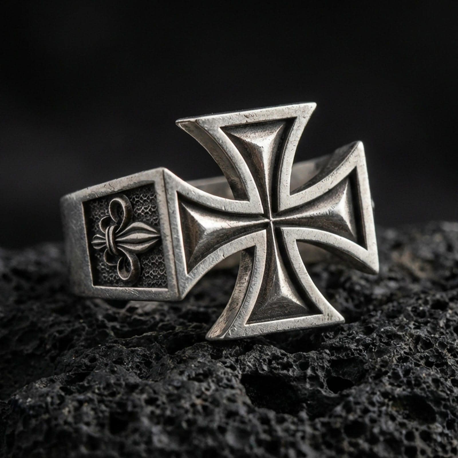 Oxidized 925 sterling silver iron cross signet ring on volcanic rock, bold raised cross relief, rugged vintage finish