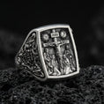 Load image into Gallery viewer, Oxidized 925 sterling silver INRI crucifix signet ring on volcanic rock, detailed Jesus on cross relief, cathedral-style engraving
