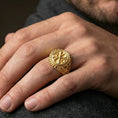 Load image into Gallery viewer, Gold plated Chi Rho ring worn on finger, Alpha Omega emblem, Christian symbol jewelry gift
