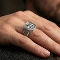 Load image into Gallery viewer, Polished silver baroque cross signet ring worn on finger, vintage filigree engraving, Christian faith jewelry
