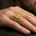 Load image into Gallery viewer, Gold plated baroque cross ring worn on finger, octagon signet face, elegant Christian symbol gift
