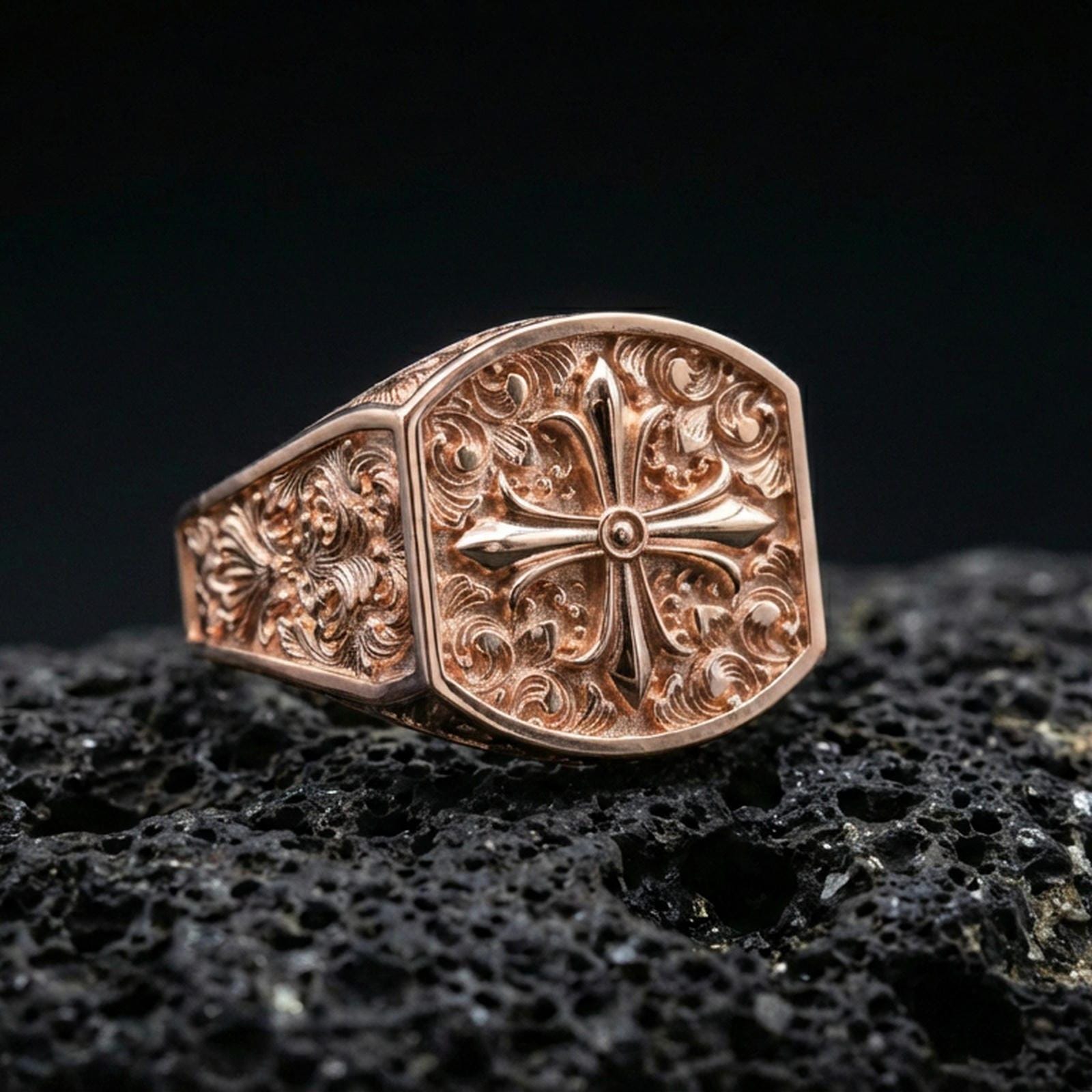 Rose gold plated baroque cross signet ring on volcanic stone, octagonal face, elegant Christian symbol ring