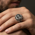 Load image into Gallery viewer, Oxidized 925 sterling silver round cross signet ring worn on finger, sunburst face, ornate engraved side details
