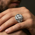 Load image into Gallery viewer, Polished silver cross signet ring worn on finger, round sunburst design, vintage filigree shoulders
