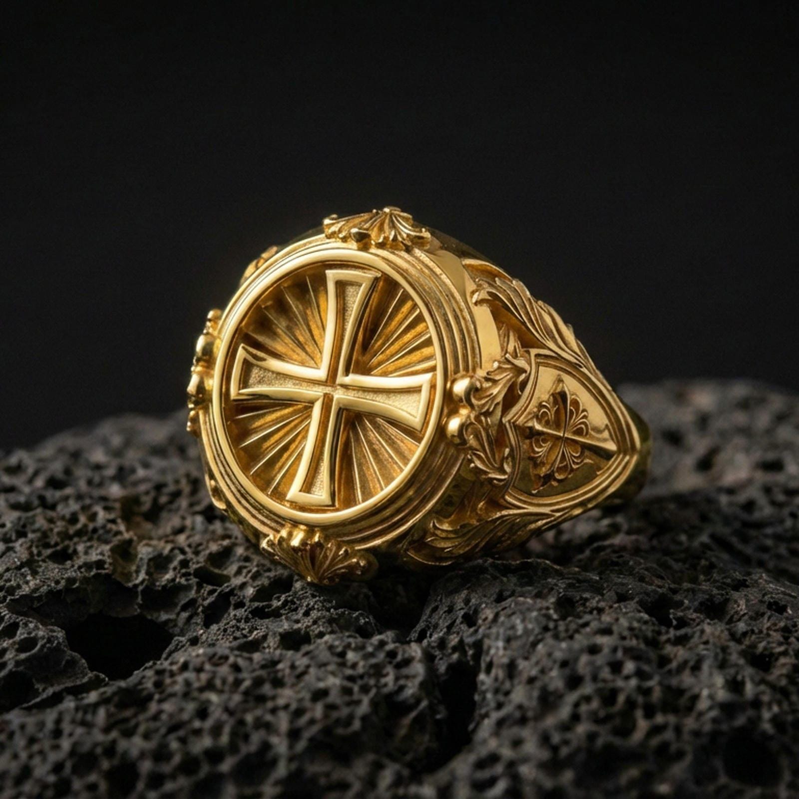 Gold plated sterling silver cross signet ring on dark volcanic rock, round face with sunburst rays, baroque side pattern