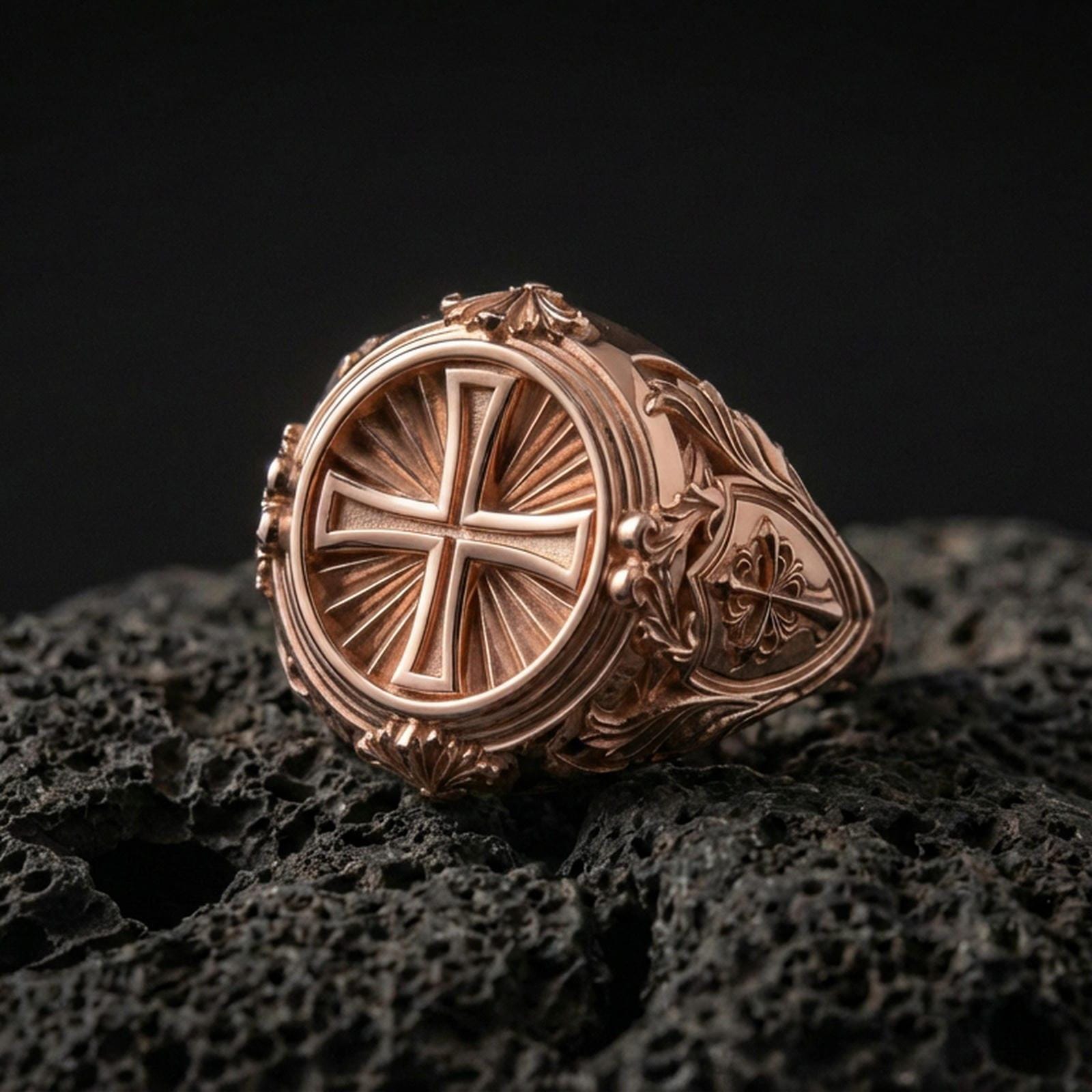 Rose gold plated round cross signet ring on volcanic stone, sunburst backdrop, ornate engraved filigree band