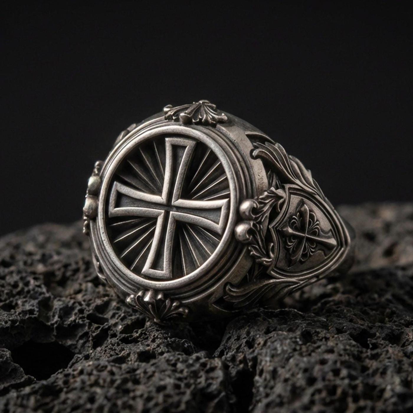 Oxidized 925 sterling silver round cross signet ring on volcanic rock, sunburst background, ornate side filigree