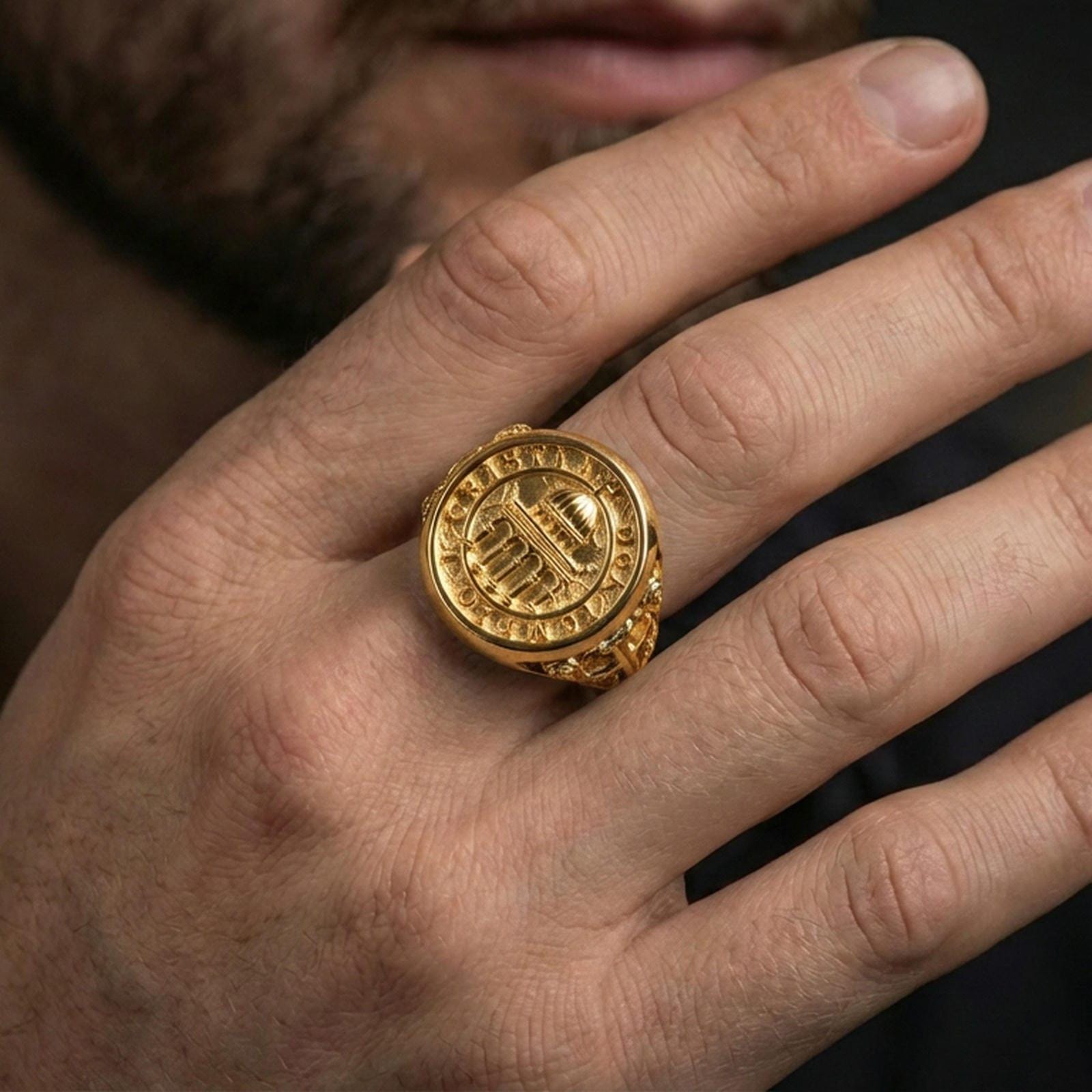 Gold plated Knights Templar signet ring worn on finger, Cristi de Templo seal, bold medieval crusader style jewelry